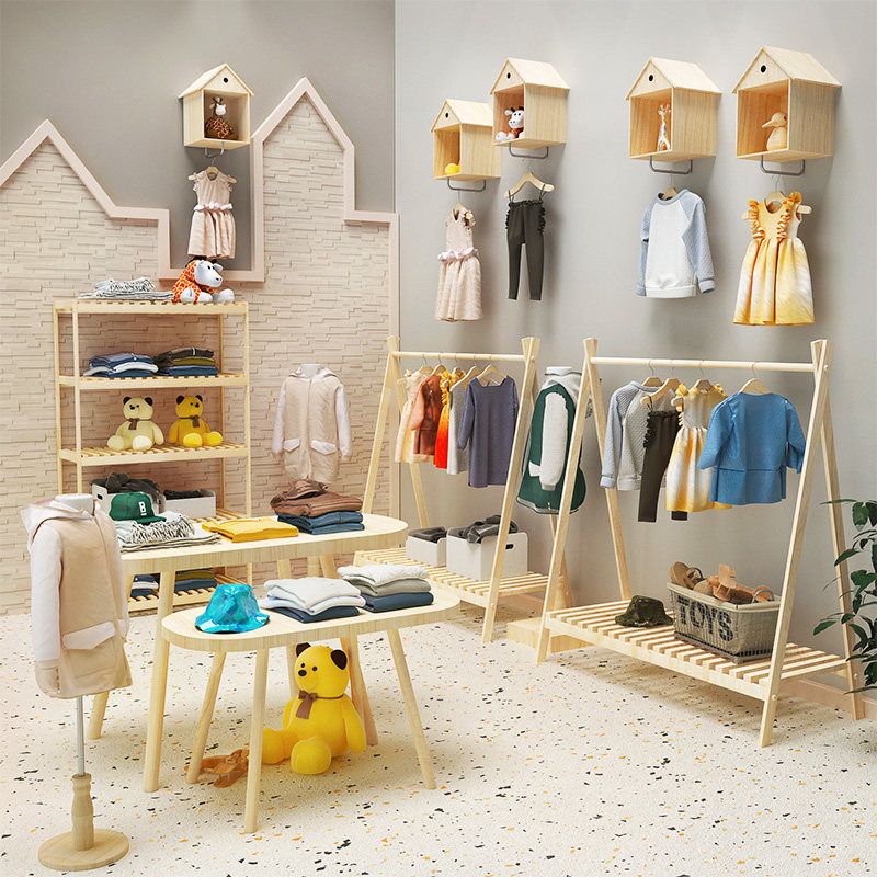 服装店实木展示架童装店儿童专用小衣架货架收纳层架童装陈列挂衣