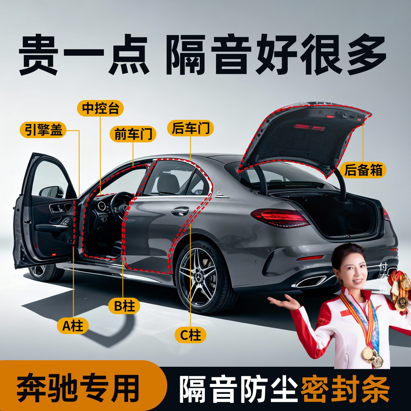 奔驰车门C级C260L/E级E300L/GLC/GLB汽车b柱密封条中控台隔音C柱A