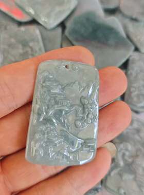 缅甸翡翠A货山水方牌送证书吊坠
