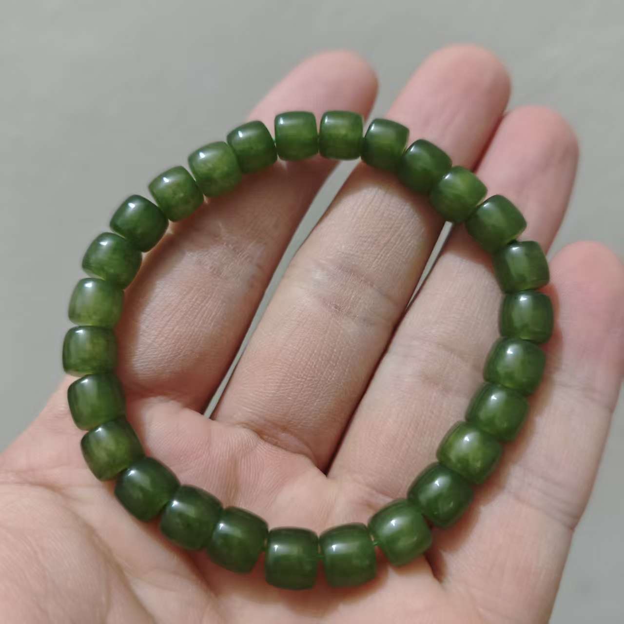天然青海玉碧玉手串橄榄绿色老型珠单圈手链男女款国庆节日礼物