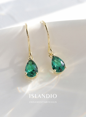 ISLANDIO水滴绿水晶宝石耳环18K金银耳饰精致小巧哈尔耳钉礼物女