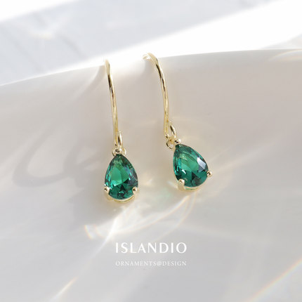 ISLANDIO水滴绿水晶宝石耳环18K金银耳饰精致小巧哈尔耳钉礼物女