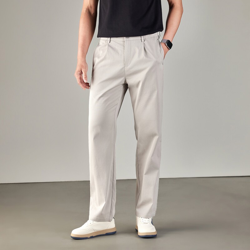 天丝棉春夏新款男士卡其色直筒休闲西裤商务百搭松紧修身垂感长裤
