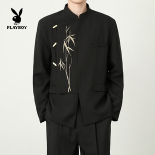 1314suit西装男订结婚新中式礼服刺绣西服外套宴会立领中山装国潮