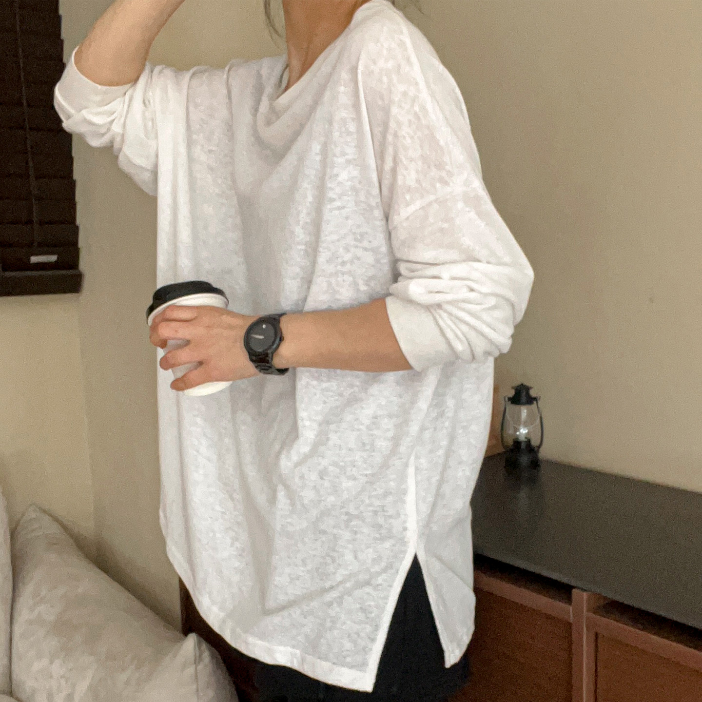 长袖宽松开叉T恤薄款棉涤纯色