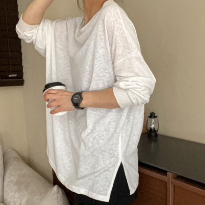 长袖宽松开叉T恤薄款棉涤纯色