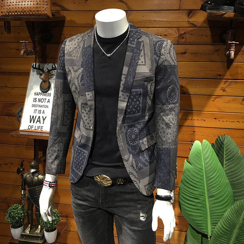 欧洲站2025新款春秋印花西服男青年韩版修身商务休闲小西装外套潮,男装,休闲西服,淘宝优惠券,粉丝福利购,淘宝优惠卷