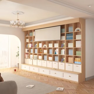 可比熊客厅实木满墙书柜去客厅化客厅图书馆北欧风免费设计定制