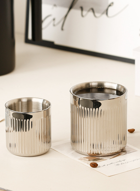 轻奢条纹304不锈钢双层隔热水杯咖啡拿铁美式水杯茶杯牛奶杯