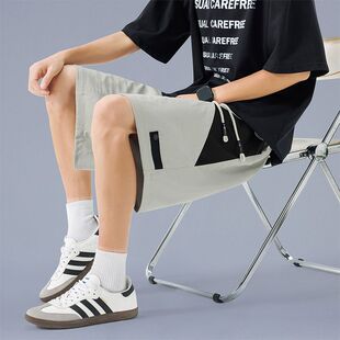 男士五分裤子夏季大码潮流时尚百搭透气中裤拼接撞色直筒运动短裤