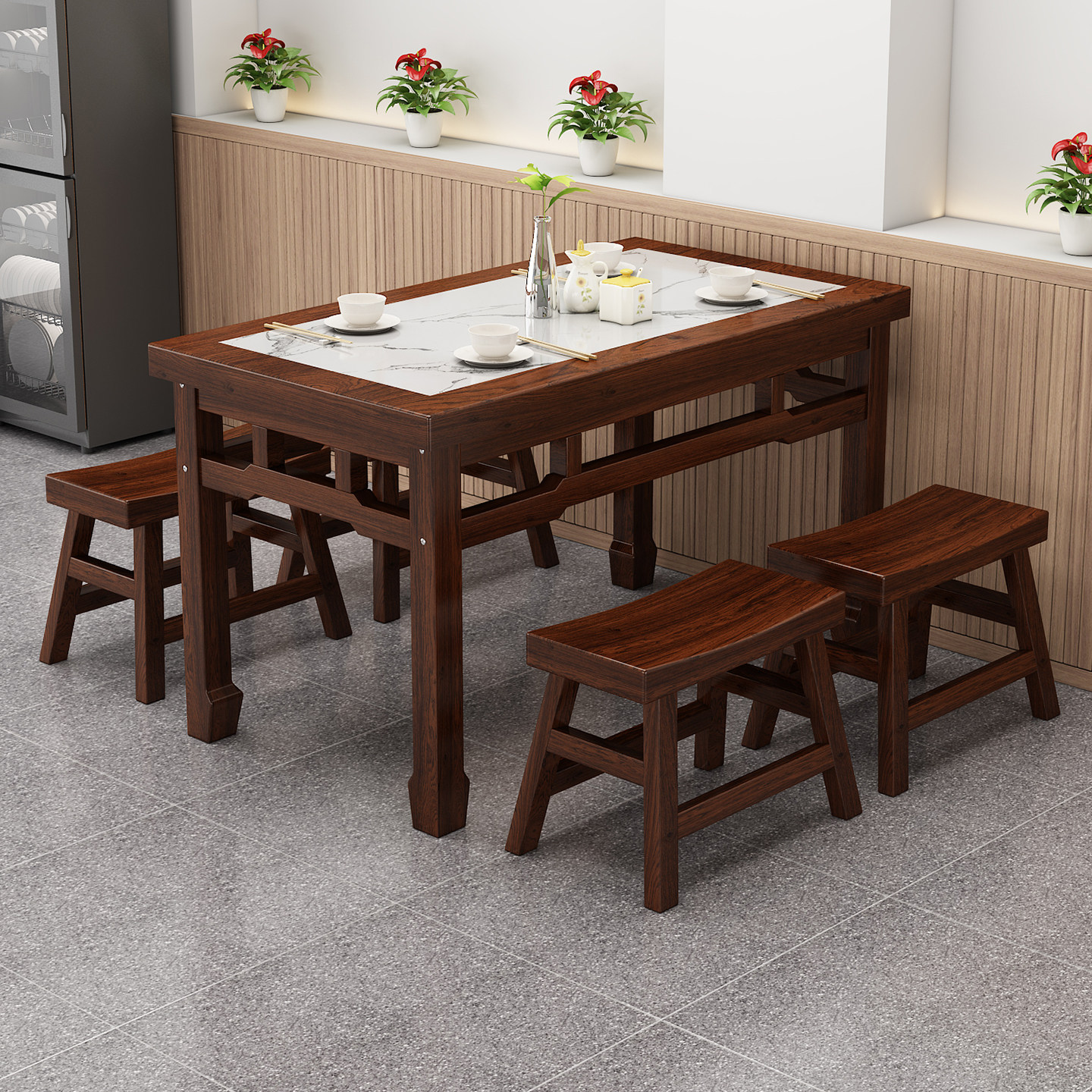 包邮快餐桌椅实木饭店小吃店面馆餐桌火锅烧烤商用长方形岩板组合