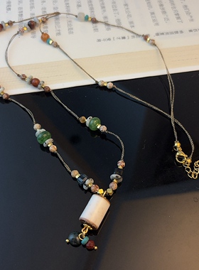 中式复古天然石手工串珠项链女多彩长款毛衣链高级感气质
