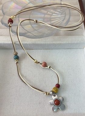 新款复古风天然石斑点石花朵项链女小众独特设计高级感毛衣链