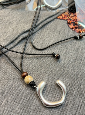 中式复古银色开口圆圈吊坠皮绳长款毛衣链时尚气质项链配饰