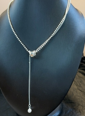 轻奢珍珠流苏项链女银色圈圈吊坠锁骨链