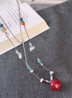 复古多层彩色珠子项链女红色珠珠吊坠毛衣链气质项饰