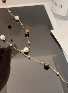 韩国ins虎眼石珍珠拼色Y形项链毛衣链气质