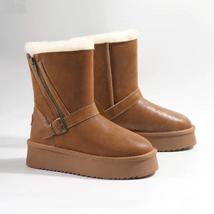 羊毛真皮厚底雪地靴女冬季2025新款加绒加厚拉链中筒棉鞋冬外穿