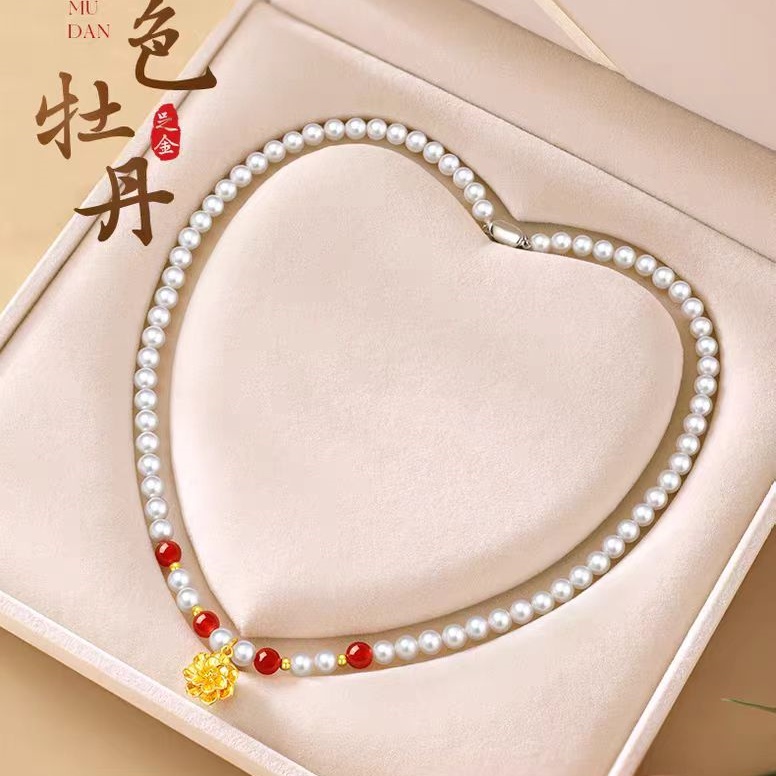 黄金牡丹花吊坠天然淡水珍珠项链