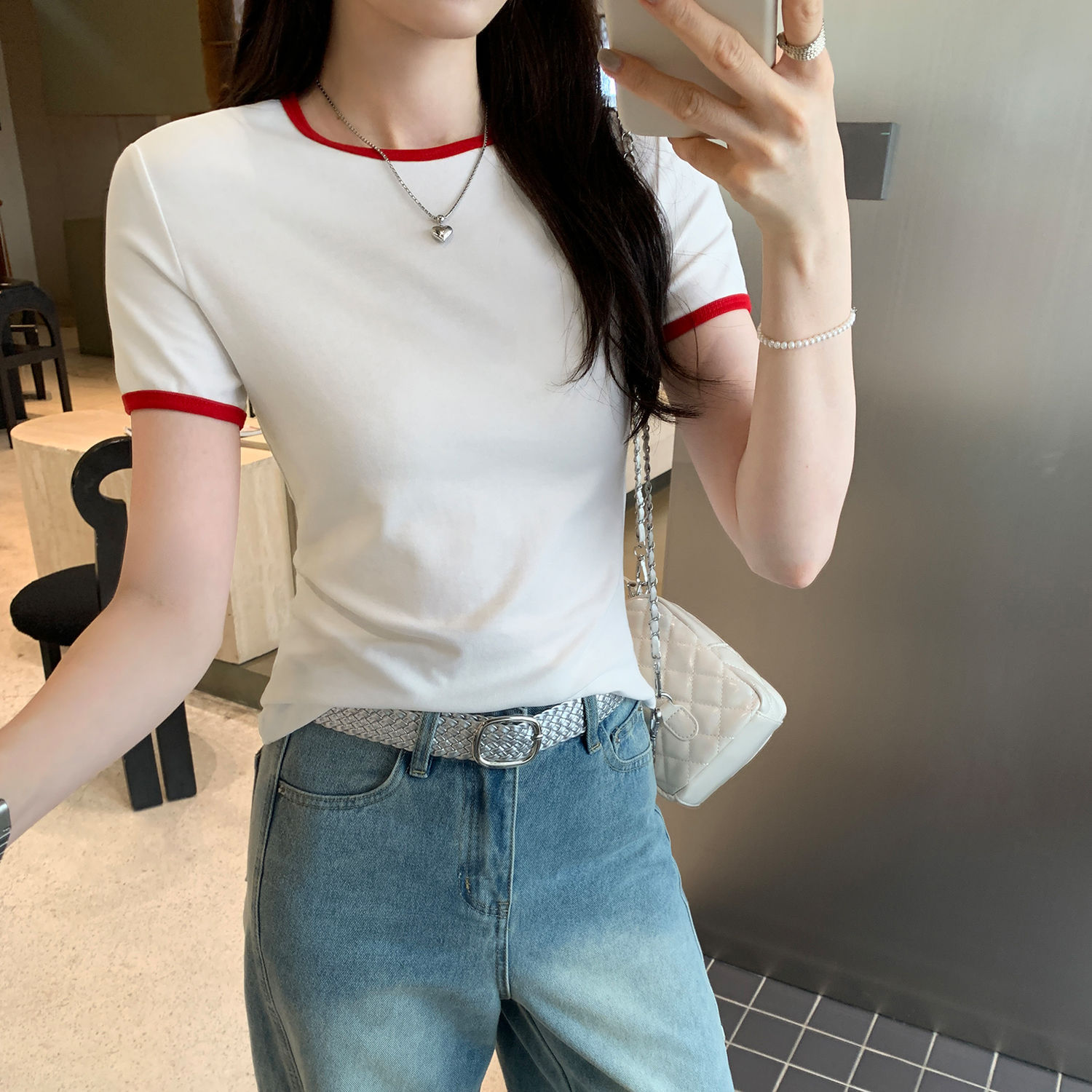 设计感撞色拼接圆领修身短袖T恤女夏2025新款高级小众不撞款上衣