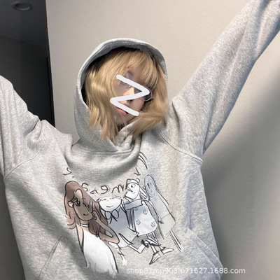 美式亚比风通印花连帽浅灰色卫衣女秋冬宽松慵懒风外套休闲上衣潮