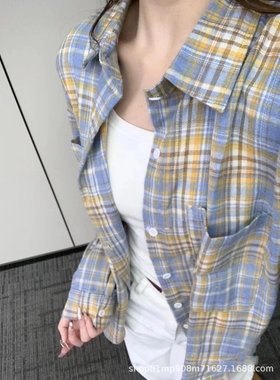 黄色格子衬衫外套女秋季新款韩系宽松慵懒风休闲百搭衬衣外搭开衫
