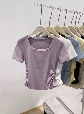 紫色辣妹正肩短袖t恤女夏季新款韩版方领修身纯色收腰短款上衣服