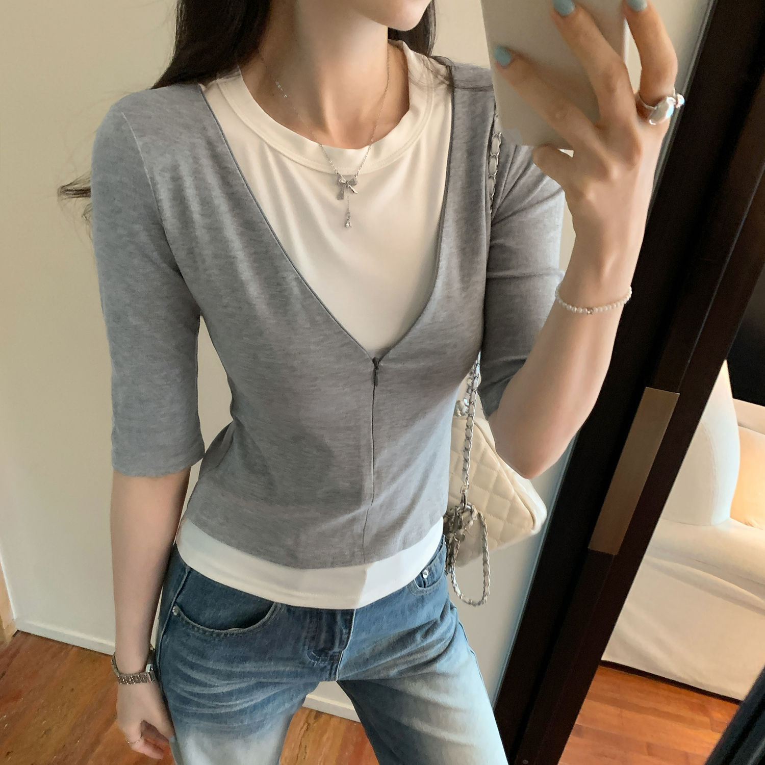 独特漂亮假两件拉链修身中袖T恤女夏2025新款设计感酷飒拽姐上衣
