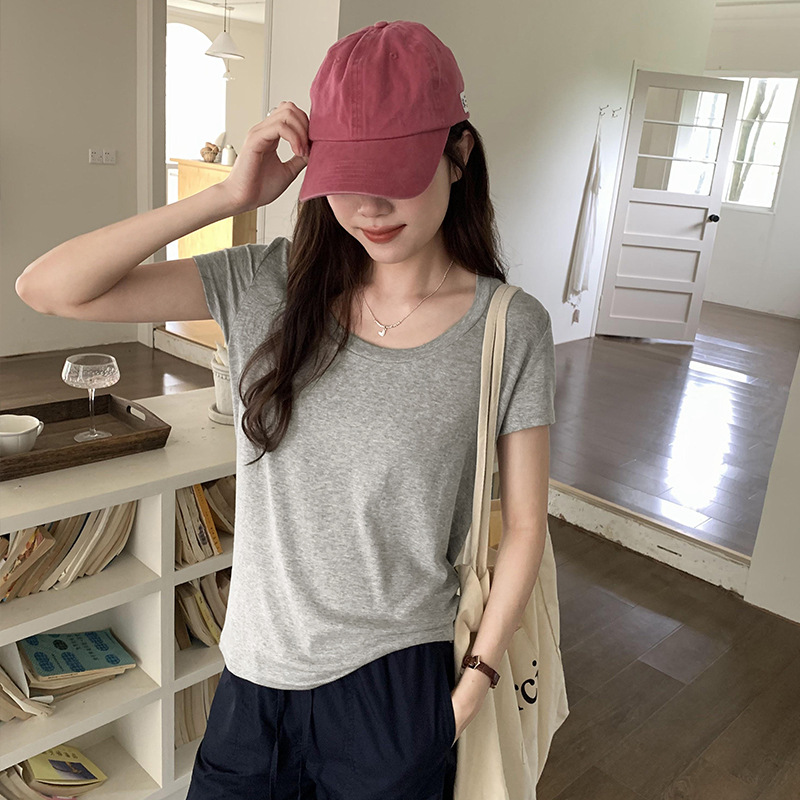 韩系洋气时尚圆领基础款t恤女夏季2024新款爆款宽松显瘦遮肉上衣