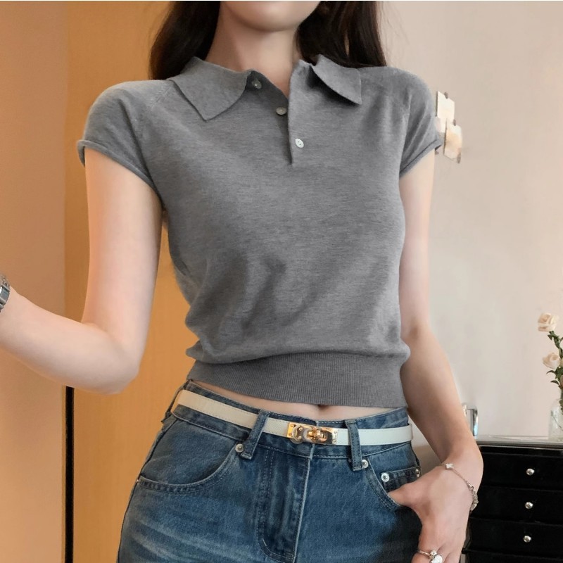 洋气时尚韩系灰色polo领正肩修身短袖针织衫女2025夏季新款短上衣