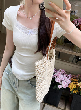 白色不规则蕾丝边修身正肩显瘦短袖T恤女夏小众独特别致纯欲上衣