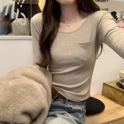 小众口袋设计感内搭打底衫女2024秋冬新款宽松可外穿长袖t恤上衣