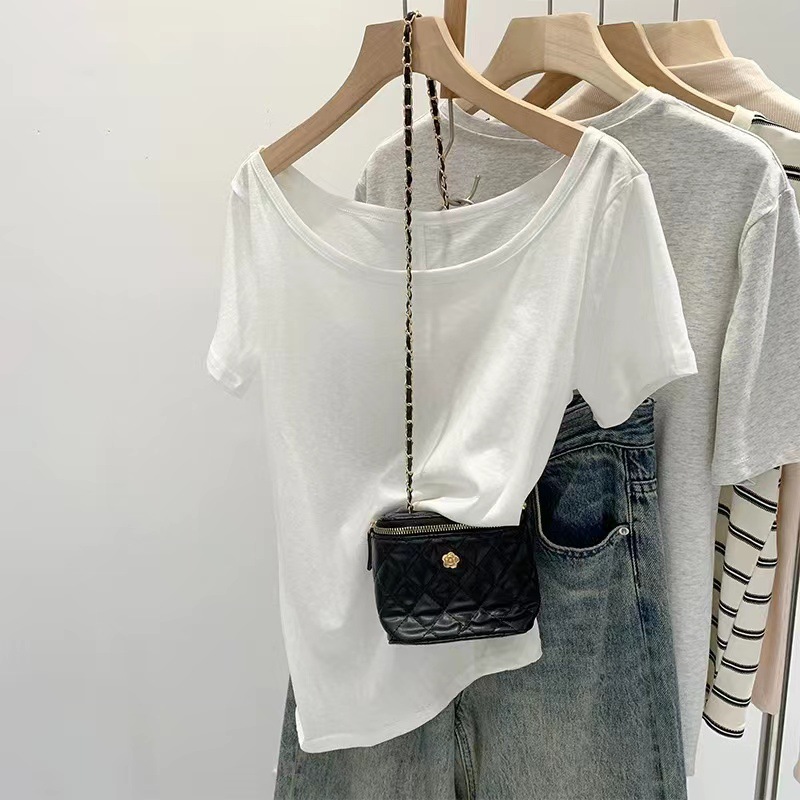 欧货高品质露肩大领口短袖T恤女夏2024新款爆款时尚洋气白色上衣