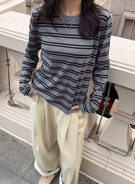 精纯JP 18针单边美丽奴羊毛宽松显瘦简约条纹针织套头上衣37721