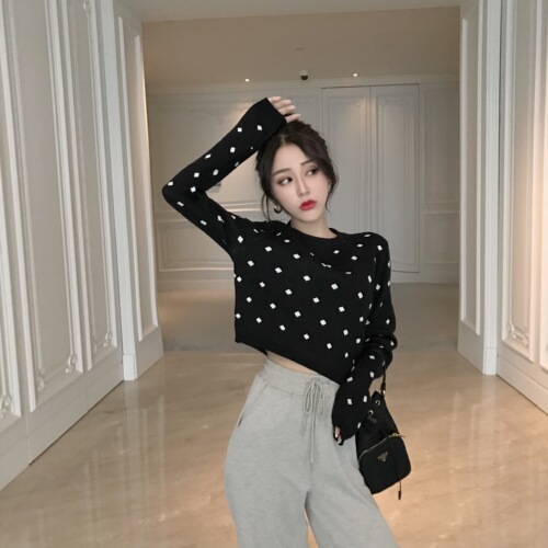 Real price autumn and winter new style temperament net red short wave point round collar long sleeve knitted sweater woman