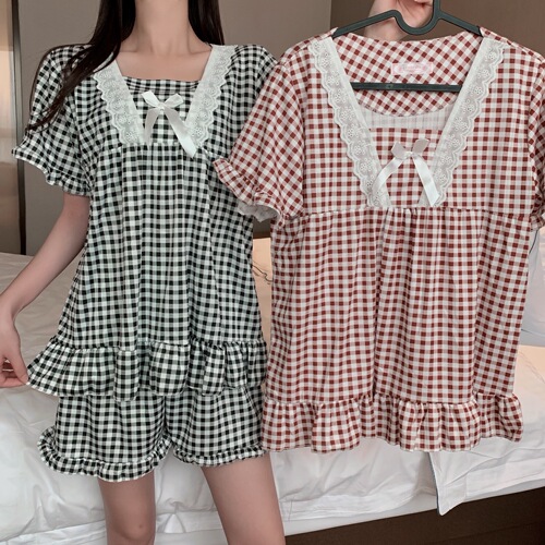 Real price Korean Plaid pajamas women's summer two piece cotton student home suit