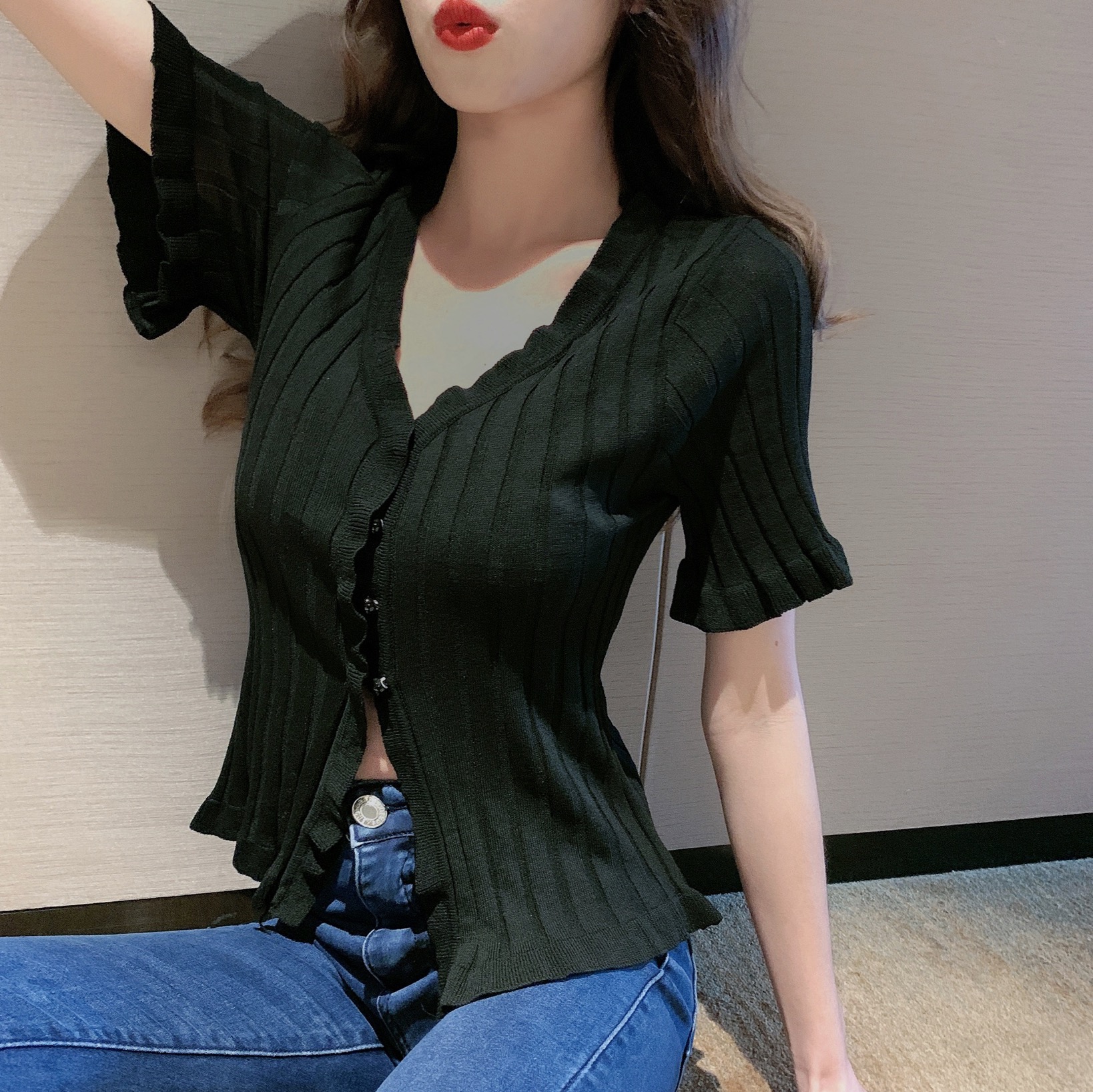 Real price retro foreign style small sexy slim belly button ear edge short sleeve knitted cardigan