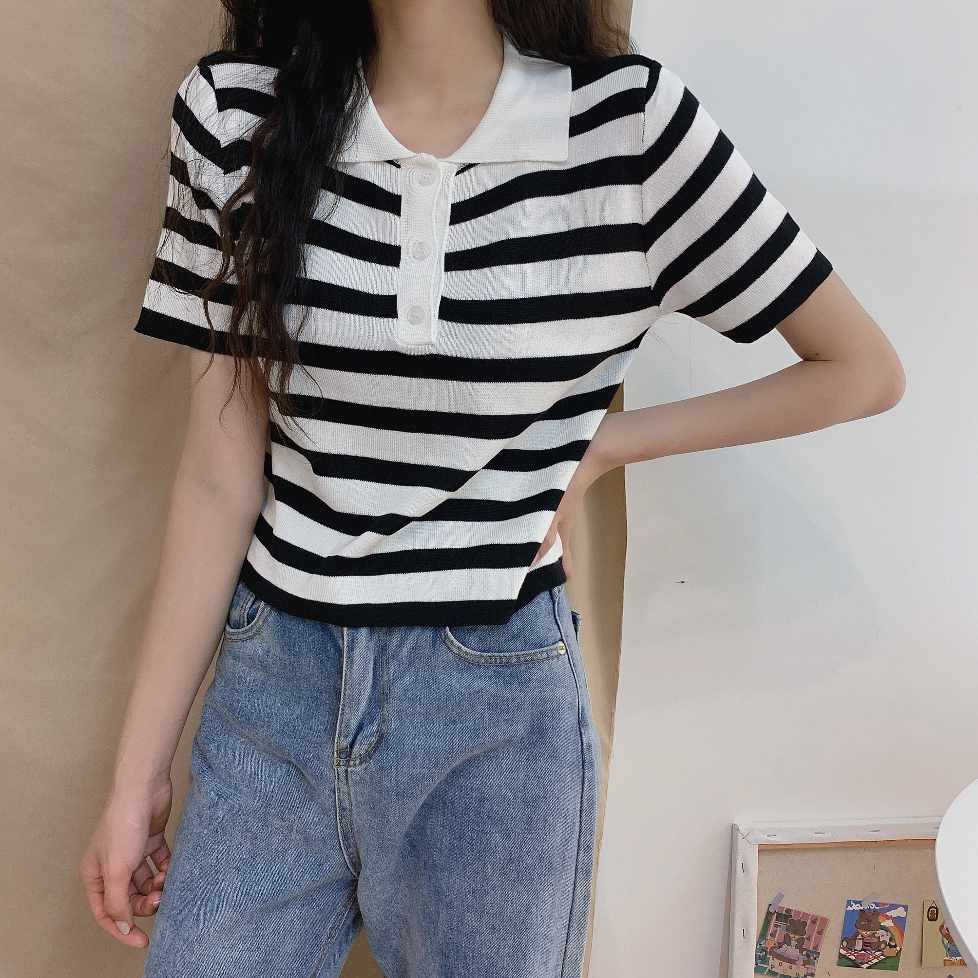 實拍實價   韓版polo領條紋短袖T恤女冰絲針織衫