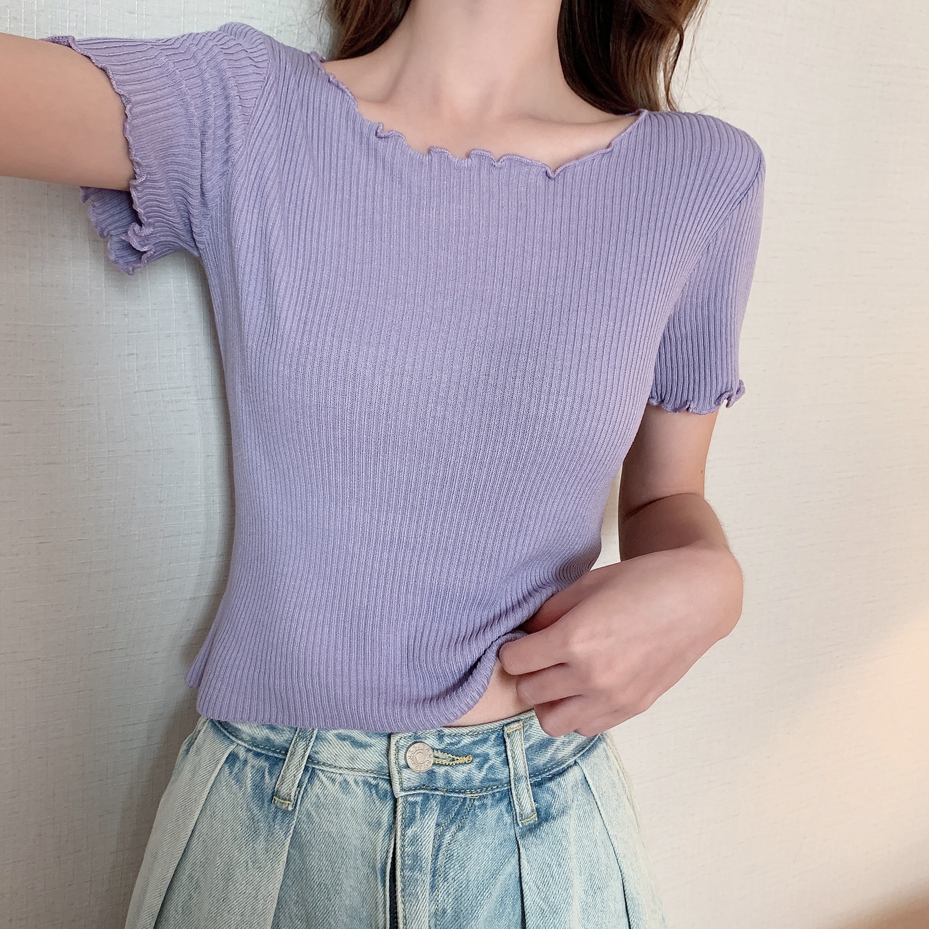 Real photo real price Korean versatile slim fit short wooden ear edge knitted T-shirt