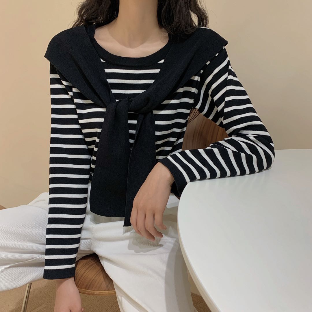 Real price Korean shawl stripe long sleeve T-shirt ice silk T-shirt versatile top