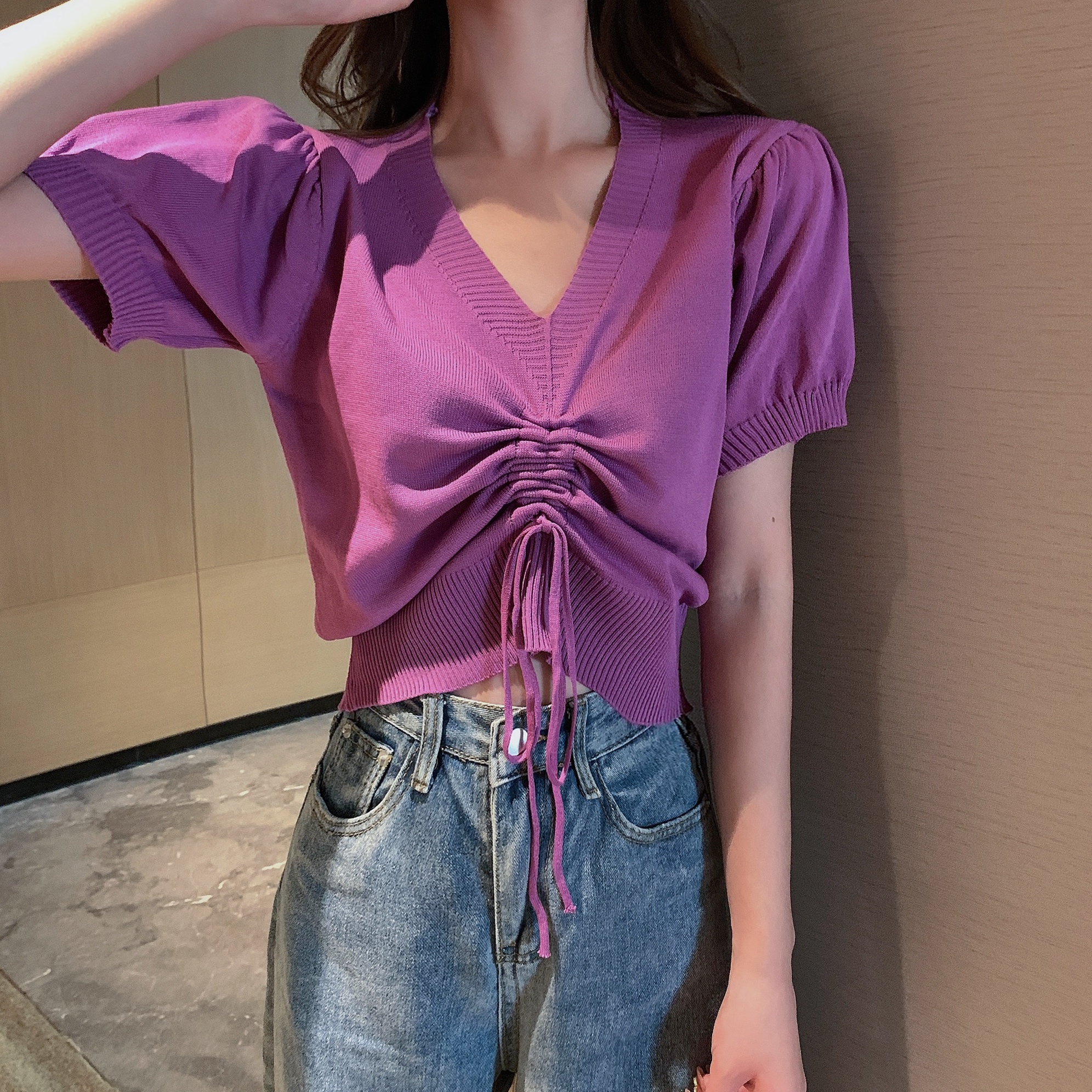 Real shot real price Korean drawstring short sleeve ice silk T-shirt women's age reducing bubble sleeve top