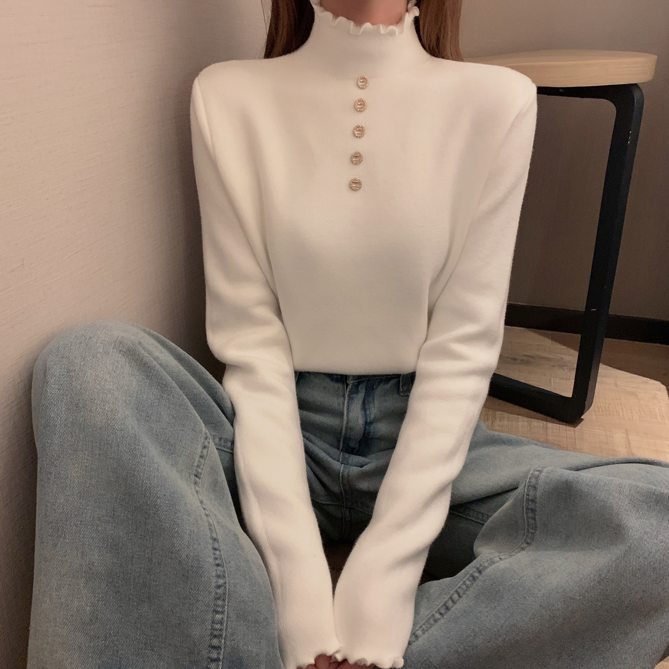 Real auction real price one piece cashmere plus cashmere thickening slim auricular edge sweater drill button warm sweater