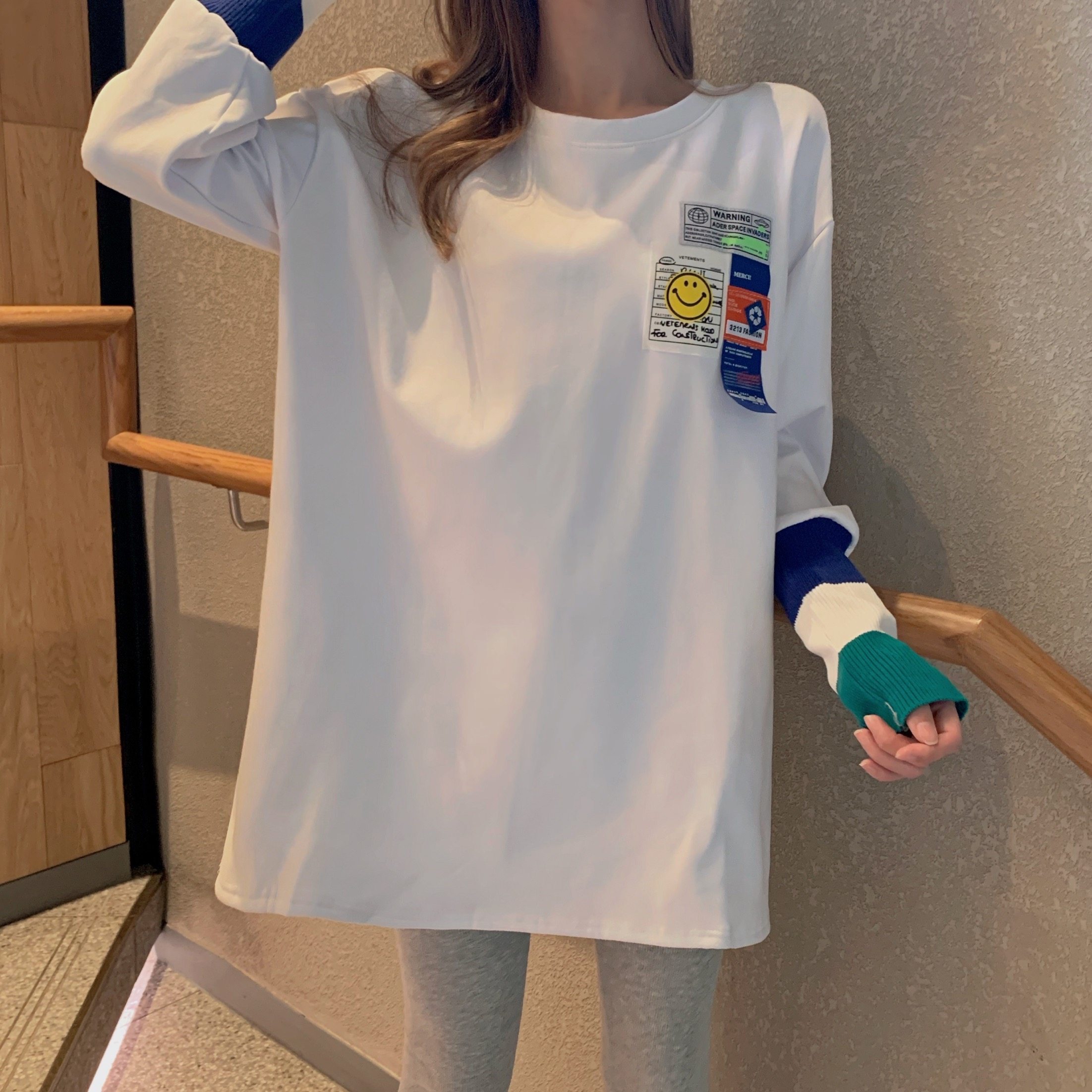 Real shot real price Korean version base shirt women's spring and autumn loose label contrast stitching T-shirt long sleeve
