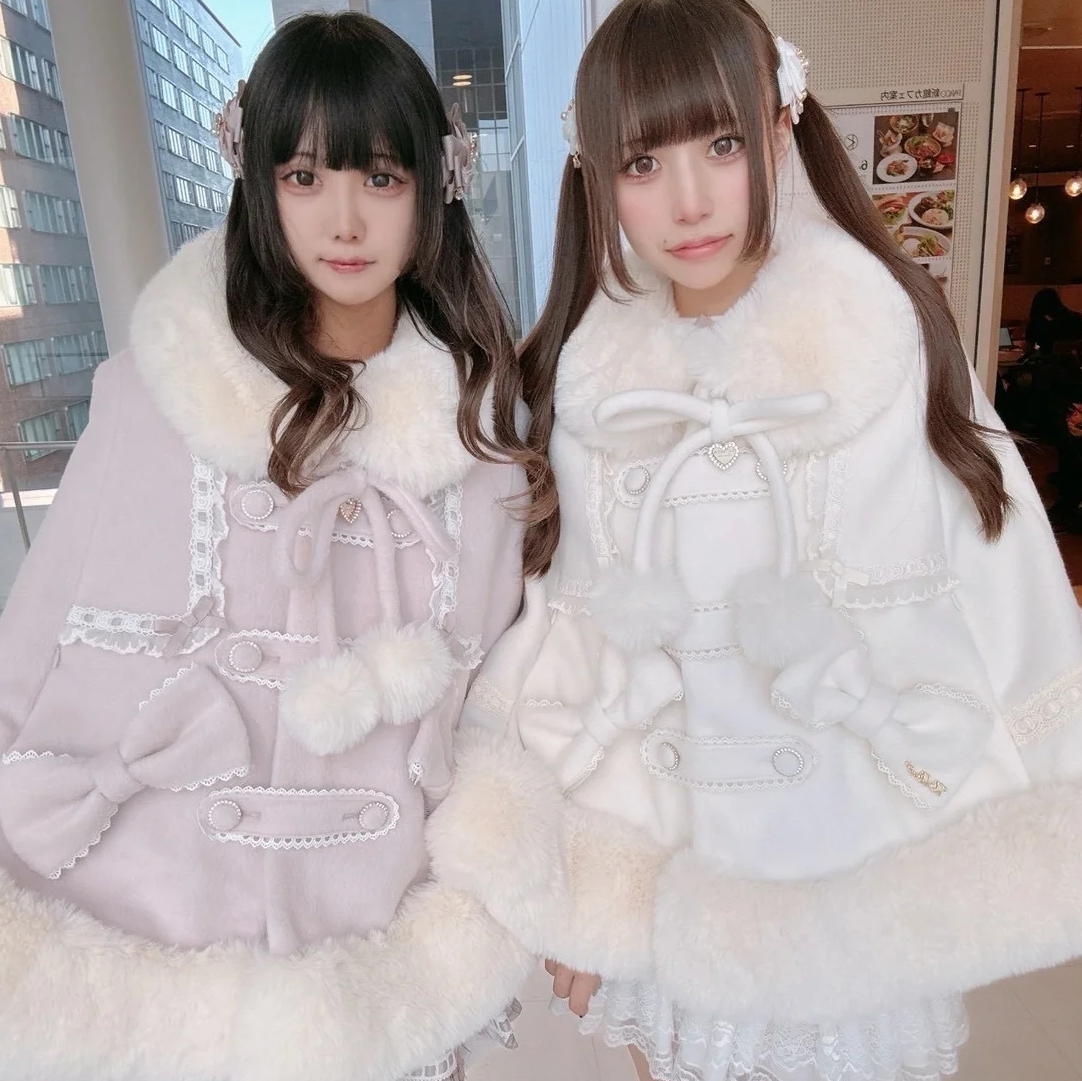 Meowchan日系冬季可爱量产型蕾系蝴蝶结长款毛呢斗篷大衣厚外套