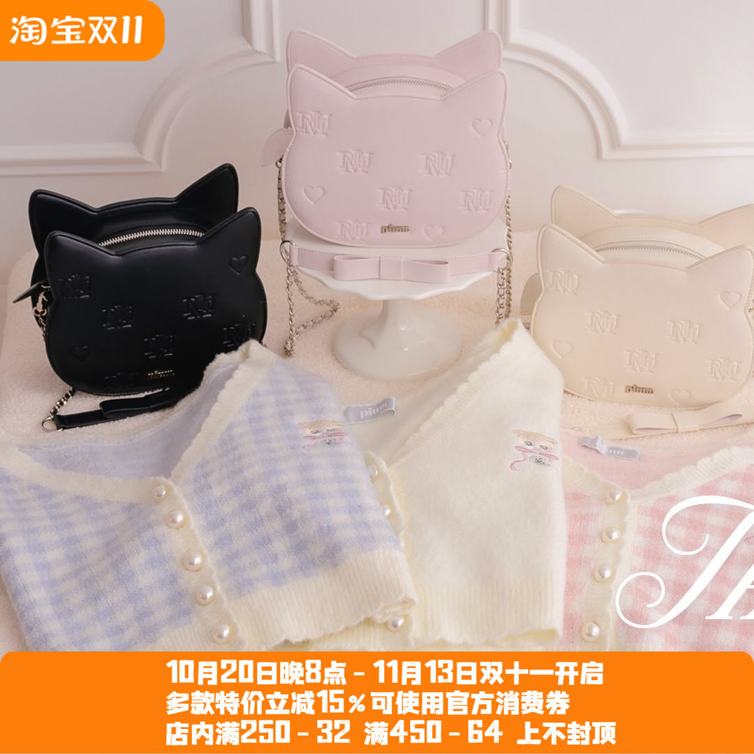 日系p家春季新款甜美可爱蕾蕾系量产型猫咪刺绣高腰格子毛衣开衫