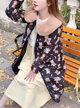 现货再入荷yuk1emon可爱童趣猫咪小熊印花长款毛领棉衣棉服外套