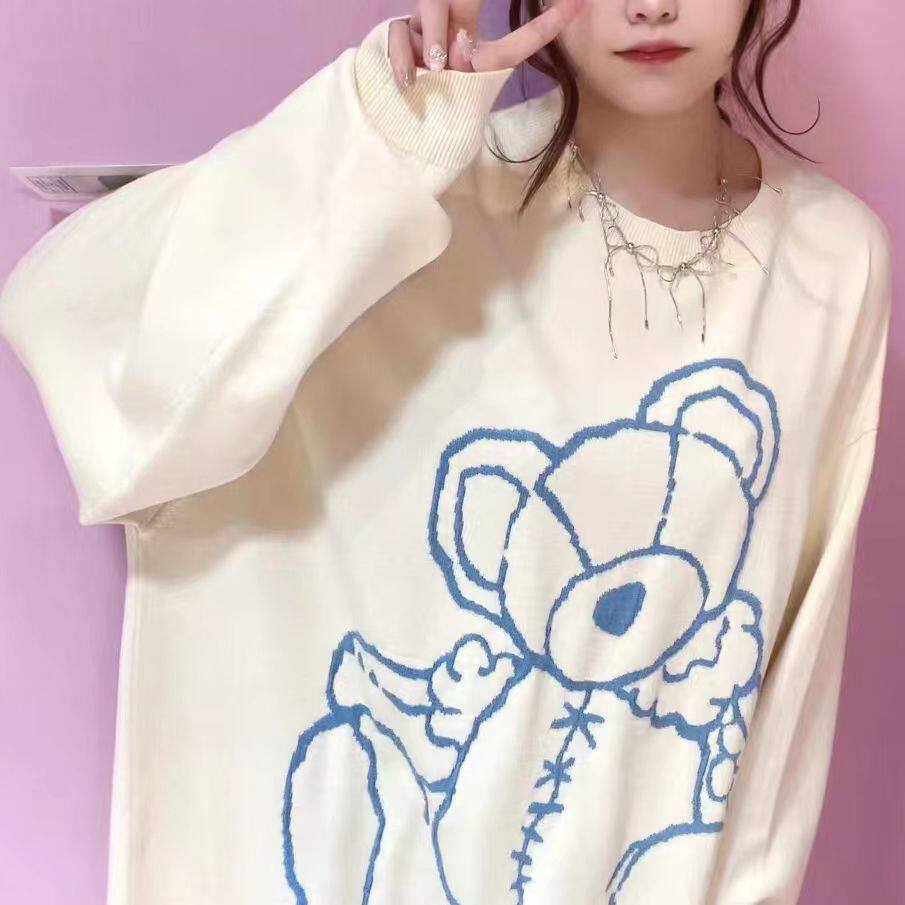 再入荷日系candy秋冬季新款原宿风可爱小熊oversize钩花长款毛衣