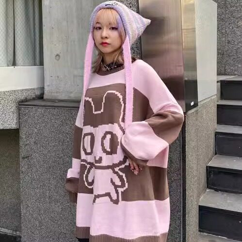 日系candy纯原秋冬季新款拓麻歌子合作款可爱钩花中长款毛衣
