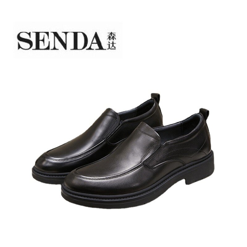 森达商务休闲男鞋系带皮鞋圆头一脚蹬头层牛皮专柜同款复古男中跟