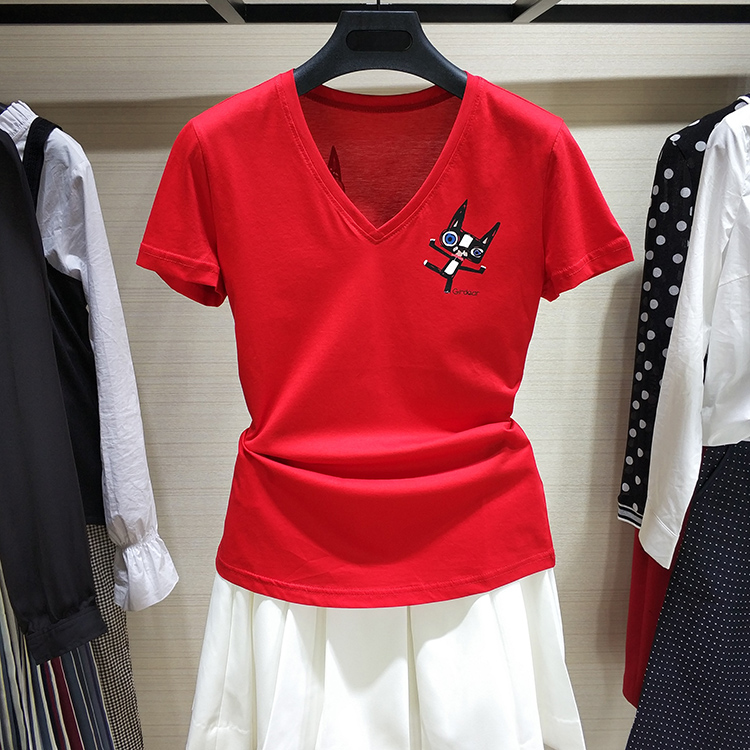 国内正品代购2018夏季新款美欧哥弟菲女装红色v领猫咪印花短袖T恤